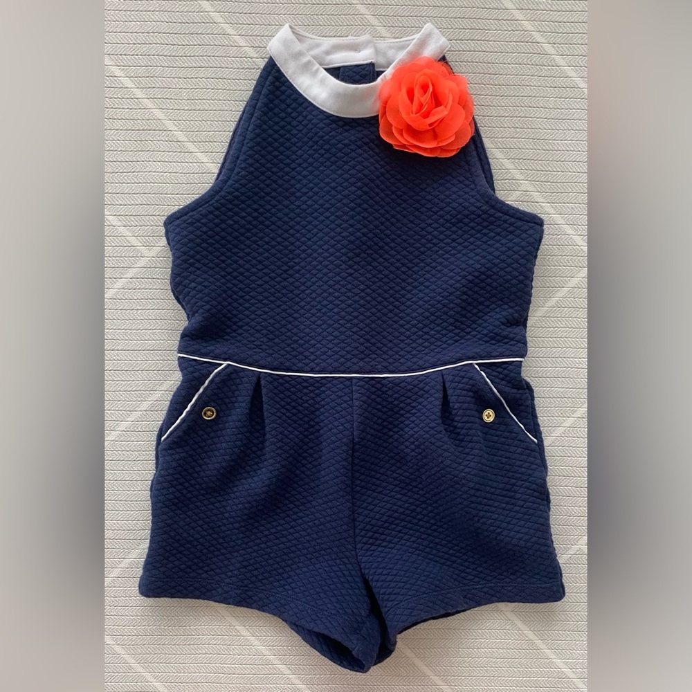 Janie and Jack Navy Blue Romper with neon orange Floral Detail girl's size 4T